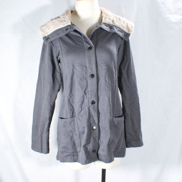 Merona Ash Gray Lightweight Jacket with Cream Tan Faux Fur Collar – Size Large - Picture 2 of 7